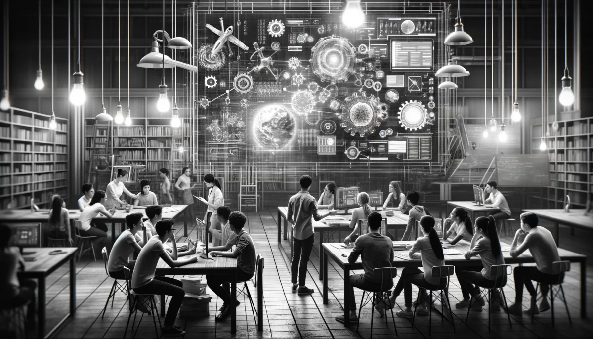 comment les outils numériques peuvent être utilisés pour résoudre des problèmes complexes dans un monde axé sur la technologie. L'image montre des élèves collaborant dans un environnement d'apprentissage pratique, utilisant des simulations numériques et des analyses de données sous la guidance d'un enseignant. Cette scène souligne le rôle essentiel des enseignants dans le développement de la littératie numérique et des capacités de résolution de problèmes chez les élèves.