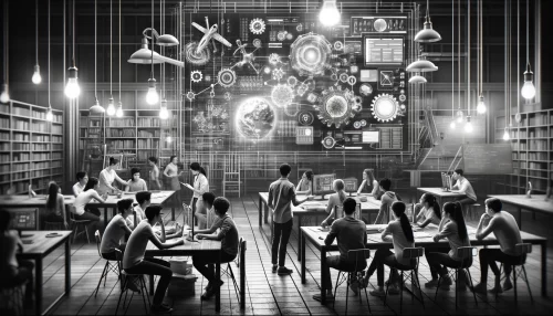 comment les outils numériques peuvent être utilisés pour résoudre des problèmes complexes dans un monde axé sur la technologie. L'image montre des élèves collaborant dans un environnement d'apprentissage pratique, utilisant des simulations numériques et des analyses de données sous la guidance d'un enseignant. Cette scène souligne le rôle essentiel des enseignants dans le développement de la littératie numérique et des capacités de résolution de problèmes chez les élèves.