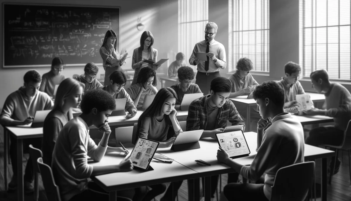 es élèves de diverses origines sont engagés dans une session d'analyse critique, utilisant des tablettes et des ordinateurs portables pour évaluer les informations. Un enseignant attentif guide cette session, favorisant un environnement d'apprentissage collaboratif et intellectuellement stimulant