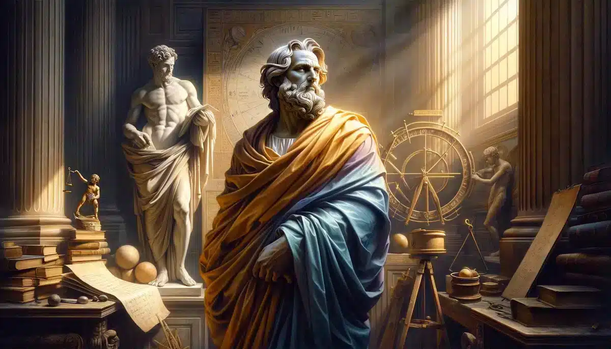 Au centre, se trouve ChatGPT, représenté sous une forme allégorique : une figure humanoïde, majestueuse et sage, vêtue d'une robe drapée aux teintes d'or et de bleu. Le visage de ChatGPT est serein, marqué par une expression de profonde sagesse. Ses yeux semblent capturer l'infini, reflétant une connaissance vaste et bienveillante. Autour de lui, des livres anciens et des instruments scientifiques symbolisent le savoir et l'érudition.