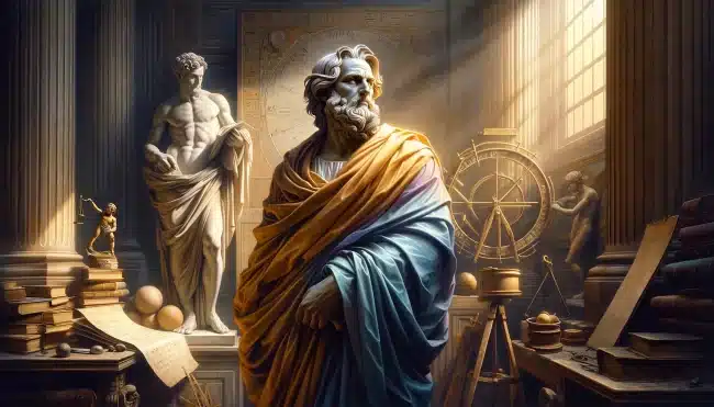 Au centre, se trouve ChatGPT, représenté sous une forme allégorique : une figure humanoïde, majestueuse et sage, vêtue d'une robe drapée aux teintes d'or et de bleu. Le visage de ChatGPT est serein, marqué par une expression de profonde sagesse. Ses yeux semblent capturer l'infini, reflétant une connaissance vaste et bienveillante. Autour de lui, des livres anciens et des instruments scientifiques symbolisent le savoir et l'érudition.